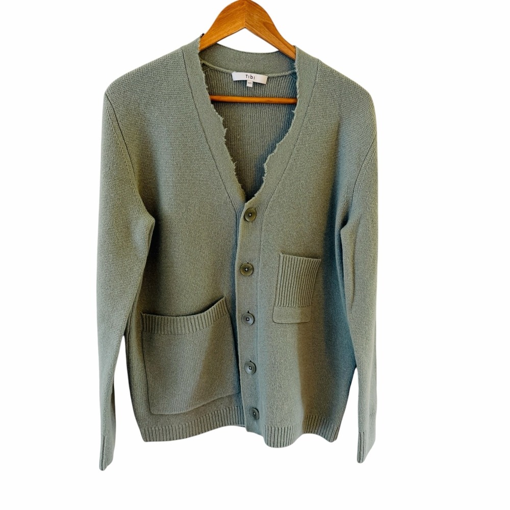 Tibi 100% Lambswool Distressed Cardigan Sweater XXS Pale Olive Patch Pocket
